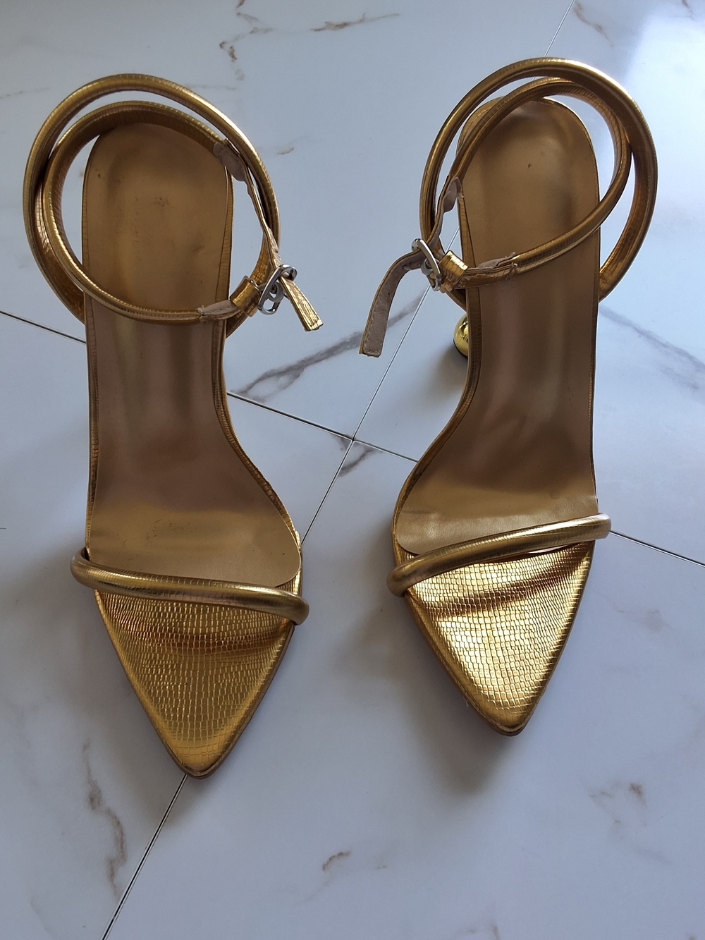 Gold Metallic Ankle-Strap Stiletto Heels - Women